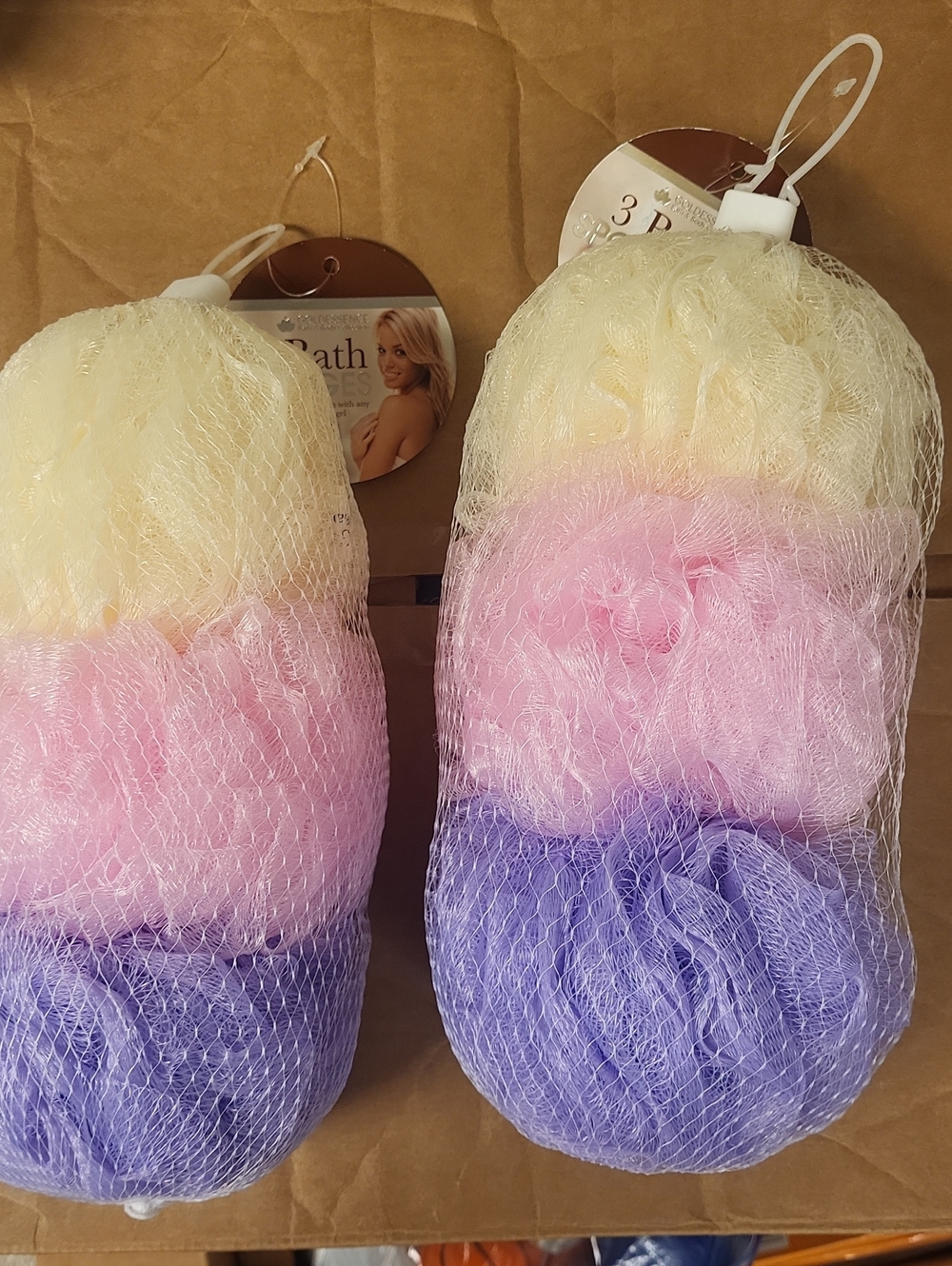 Lot Of 2 Goldessence  each 3 pack bath sponges  pink, yellow, Purple New W Tag